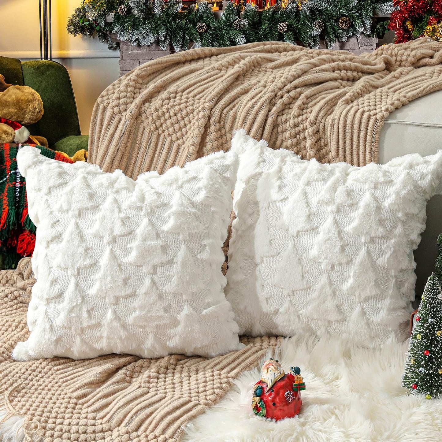 TOYPOPOR Christmas Pillow Covers 18'' x 18'' Set of 2, Soft Faux Rabbit Fur 3D Embroidery Christmas Tree Throw Pillow Covers for Holiday Christmas Decor Sofa, Couch, Skin-Friendly, Invisible Zipper