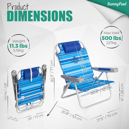 SUNNYFEEL Extra Wide 28" Low Beach Chair 5 Position Lay Flat, XL Oversized Portable Folding Camping Chairs with Cup Holder for Outdoor/Trip, Lightweight Foldable Backpack Beach Chair for Adults