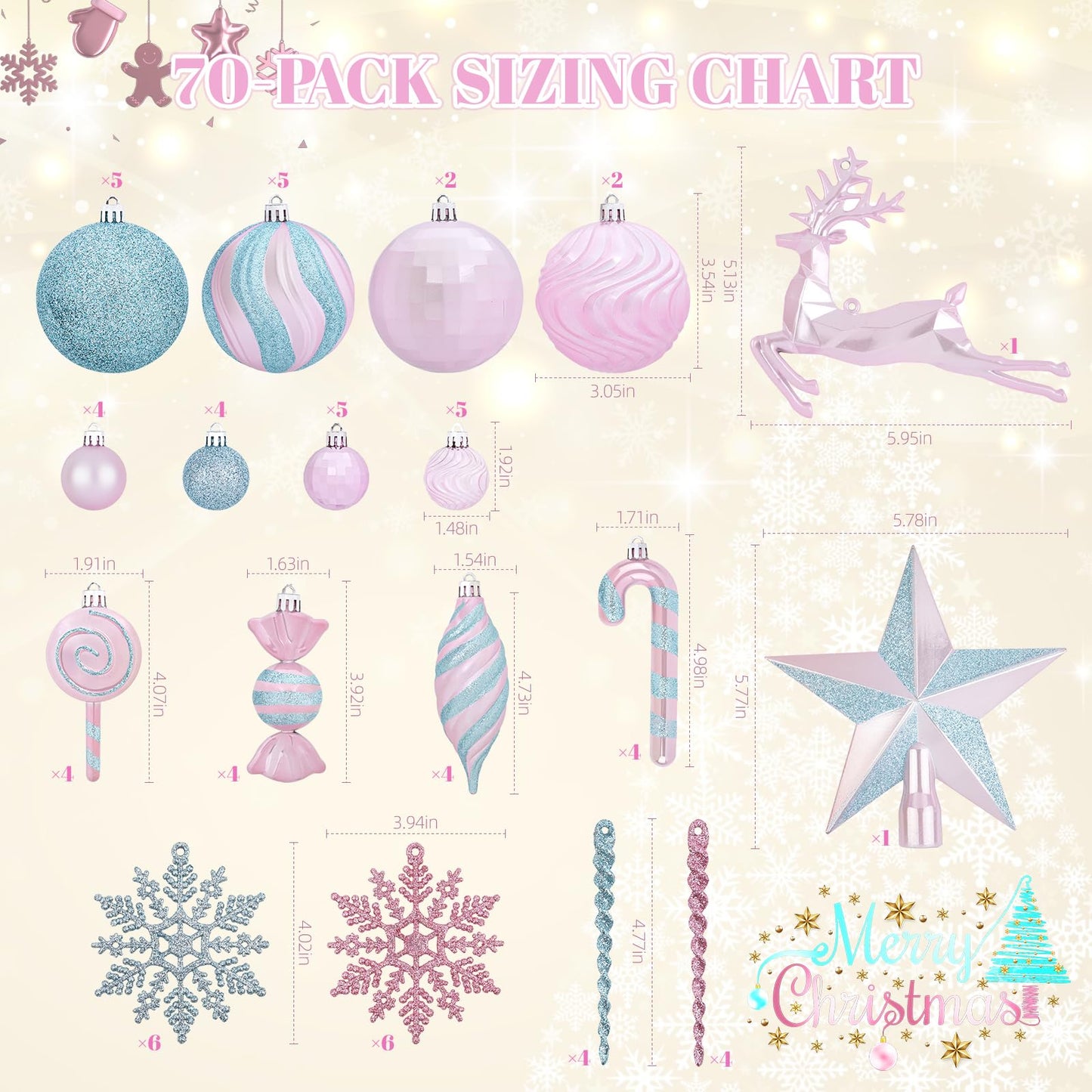 70PCS Christmas Balls Ornaments Set, Shatterproof Xmas Tree Decorations Kit with Balls, Snowflakes, Candy Canes, Star Topper, Reindeer & Hanging Baubles for Holiday Party Decor (Silver & Pink)