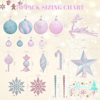70PCS Christmas Balls Ornaments Set, Shatterproof Xmas Tree Decorations Kit with Balls, Snowflakes, Candy Canes, Star Topper, Reindeer & Hanging Baubles for Holiday Party Decor (Silver & Pink)
