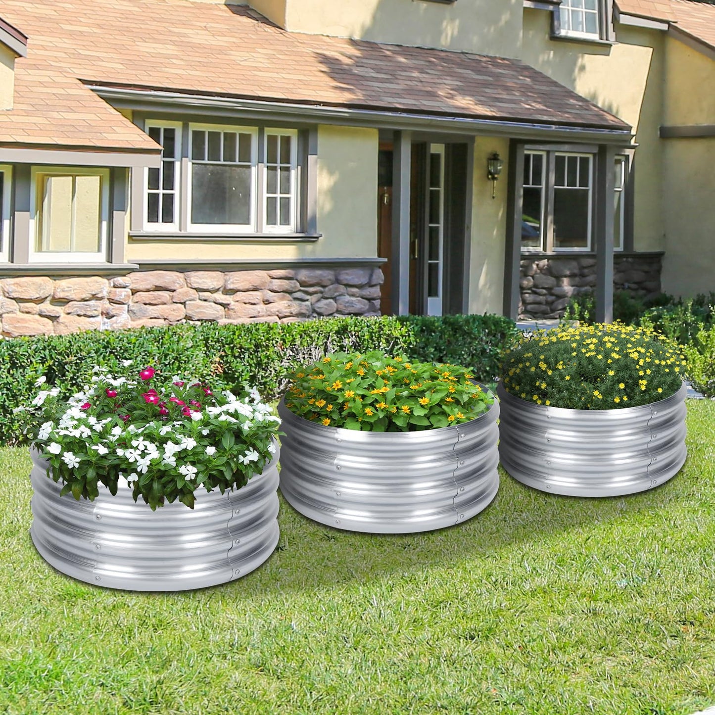 PINPON 3 Pack 2x2x1ft Round Galvanized Raised Garden Bed Outdoor, Silver Metal Planter Box for Vegetables, Herbs, Flowers