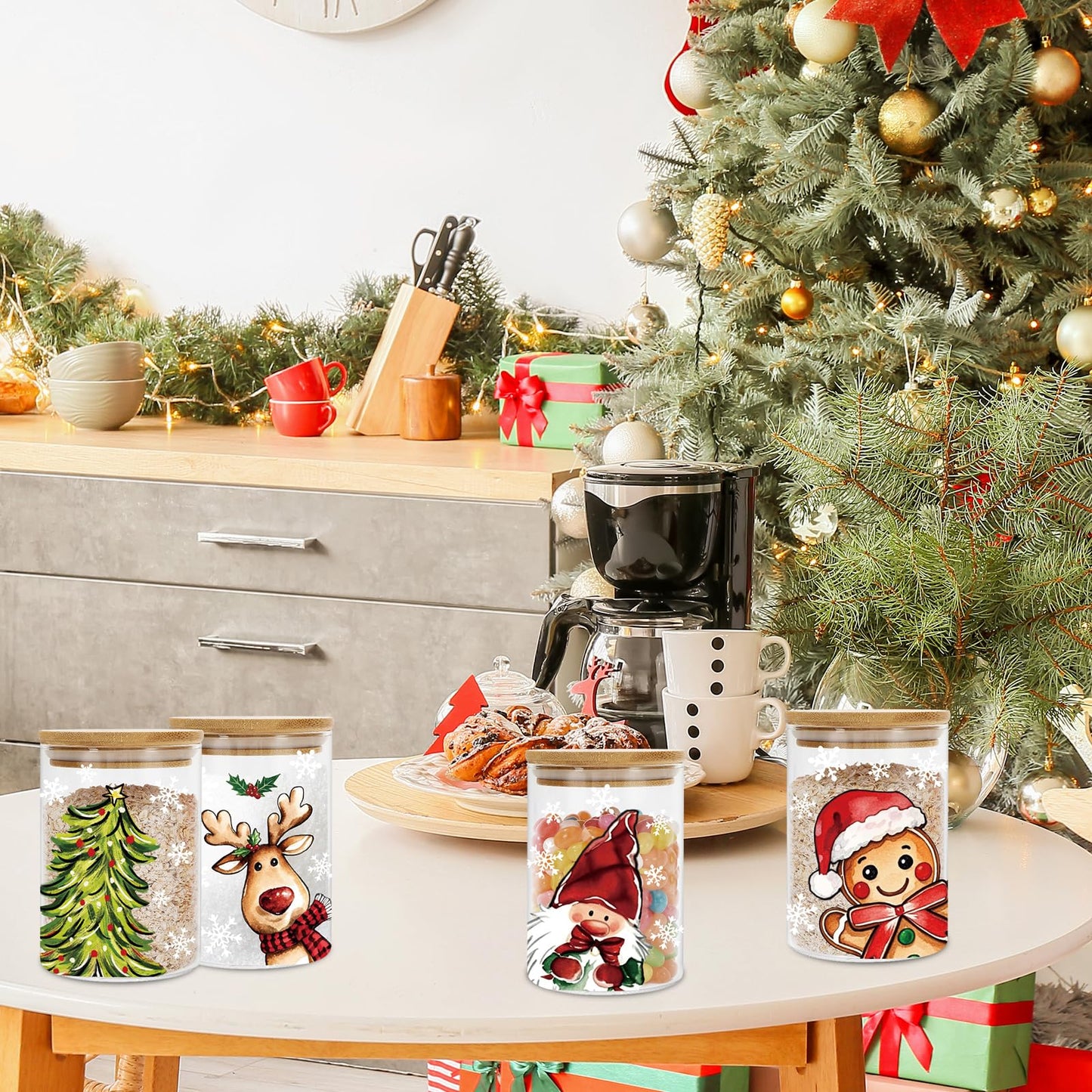 Whaline 6Pcs Christmas Glass Storage Jars with Airtight Lid Santa Snowman Reindeer Decorative Food Canisters Sets Candy Jars for Winter Xmas Home Kitchen Countertop
