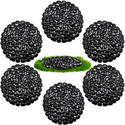 Ausluru 10in River Rock Stepping Stones Set - 6 Pack | Polished Pebble | Long-Lasting PVC Mesh Backing | Perfect for Garden Paths and Lawns Outdoor Landscaping Decoration | Black Circle