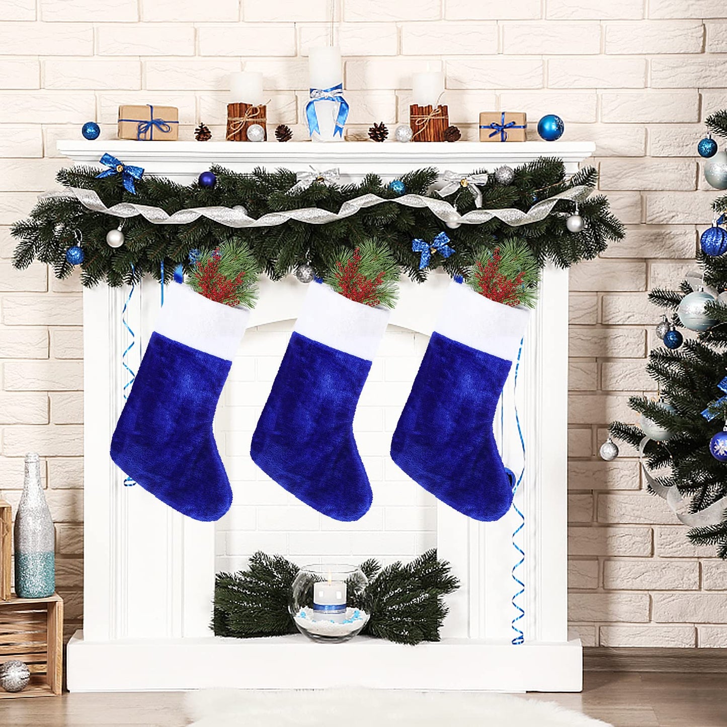 CCINEE Blue Christmas Stockings, 6pcs 18 Inches Tall Blue Design with Plush Cuff Classic Large Stocking Decorations for Xmas Festive Gifts Home Fireplace Decor