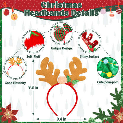 HOVACY 12 Pieces Christmas Headbands, Cute Xmas Head Toppers, Various Design Santa Hat Christmas Tree Snowman Reindeer Antler Headwears for Christmas Party Favors, Christmas Decorations