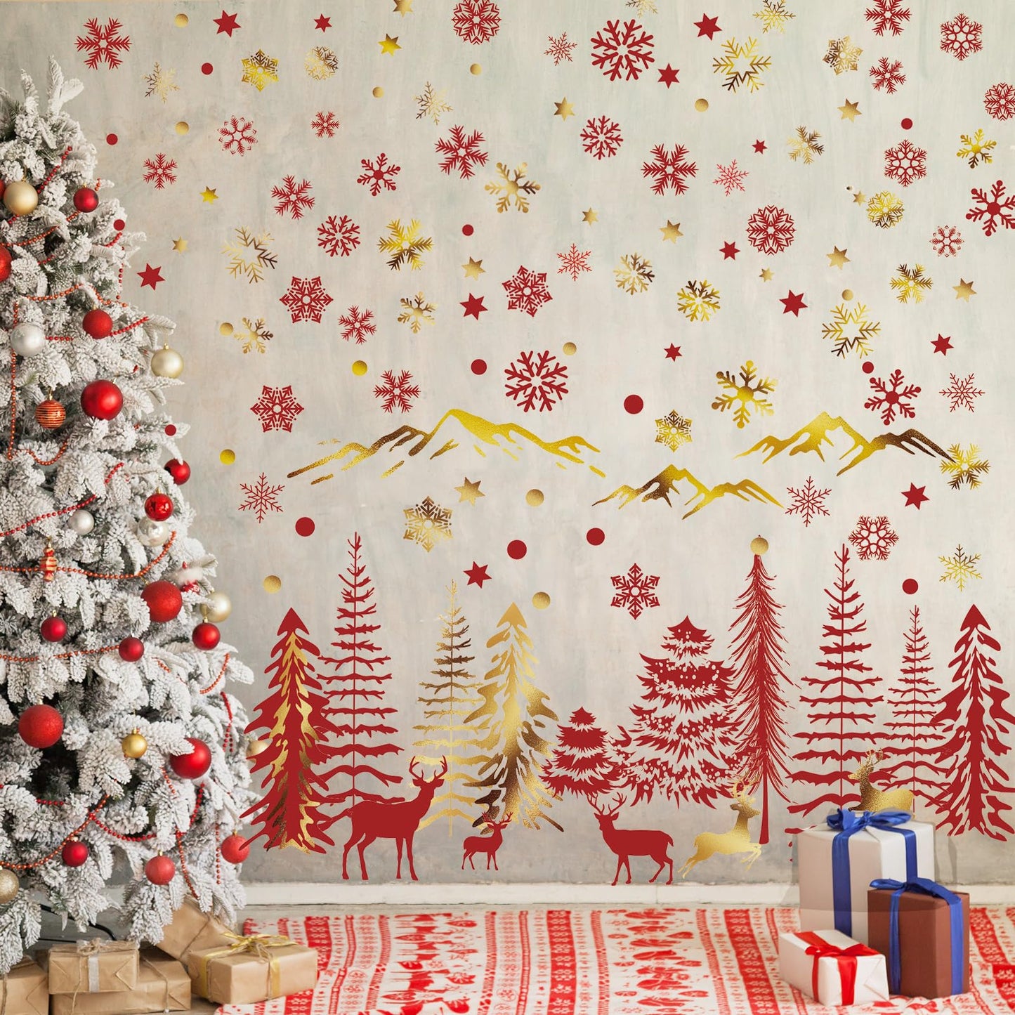 Teling 8 Pieces Winter Snowflake Wall Decals Stickers Dreamy Nursery Forest Woodland Trees Deer Pine Tree Wall Decals for Kids Room Winter Decor(Red, Gold)