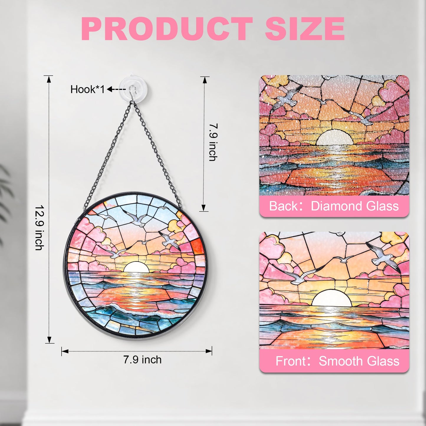 Hanging Stained Glass for Windows,20cm/7.87inch Sea Sunrise Stained Glass Suncatcher with Chain Garden Diamond Glass Panel Hangings Decoration for Home Decor Gifts for Family Friends Colleagues