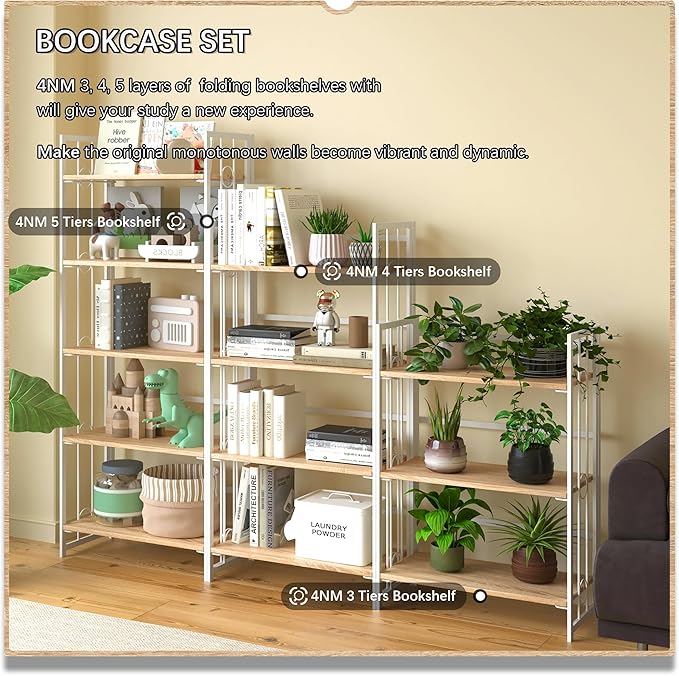 4NM No Assembly 4 Tiers Folding Bookshelf, 47.2" H Foldable Storage Shelves