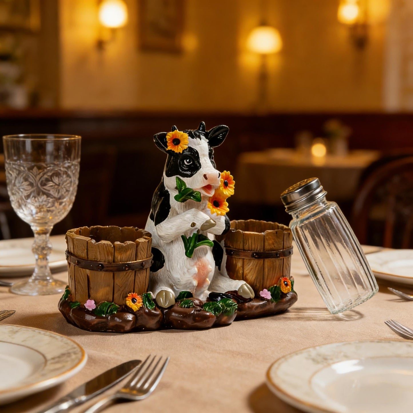 Rustic Farm Cow Salt and Pepper Shaker Holder with Glass Jars