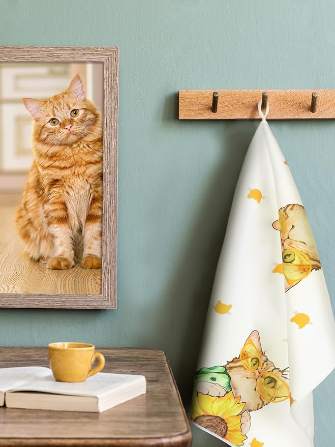 Bencailor 4 Pcs Cat Kitchen Towels Yellow Floral Cute Kitty Hand Dish Towels