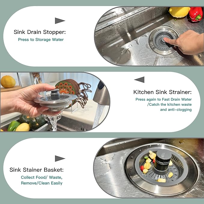Kitchen Sink Drain Strainer 3 in 1, 304 Stainless Steel Pop Up Sink Stopper