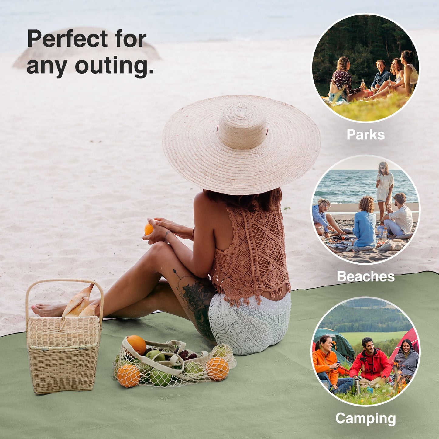 VonShef Picnic Blanket, Green Herringbone Outdoor Rug with Waterproof Backing, 6 Person Weatherproof Picnic Mat with Faux Leather Handle, Water Resistant Camping Accessories, 147x180cm