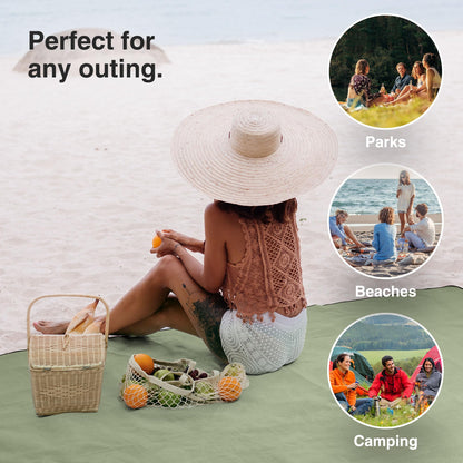 VonShef Picnic Blanket, Green Herringbone Outdoor Rug with Waterproof Backing, 6 Person Weatherproof Picnic Mat with Faux Leather Handle, Water Resistant Camping Accessories, 147x180cm