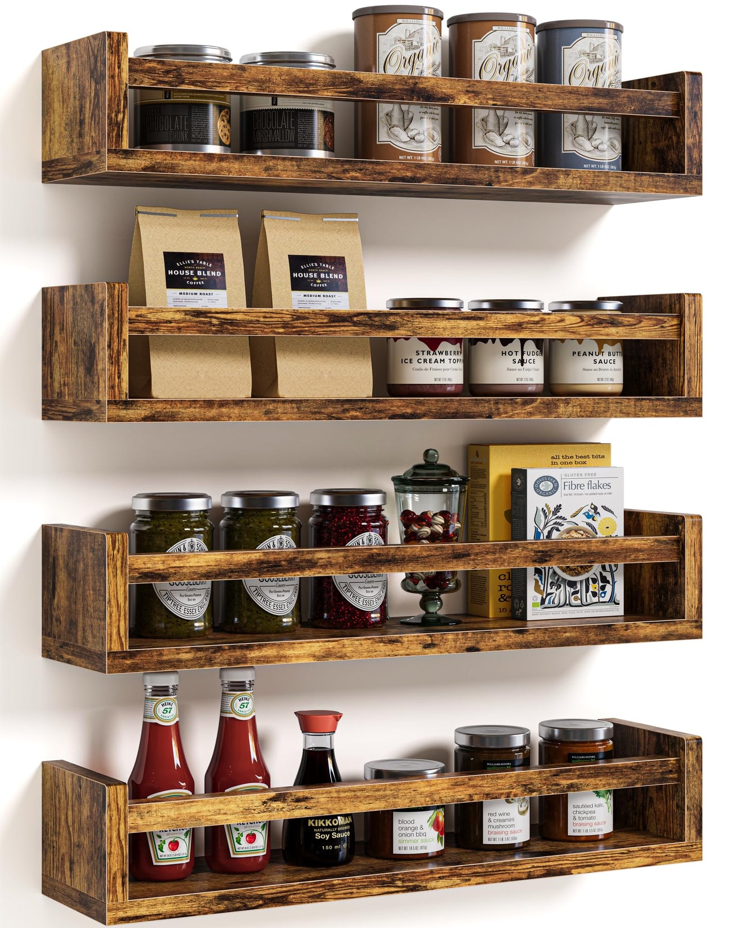 Bavonira Spice Rack Wall Mount - 4-Pack Wooden Hanging Spice Rack for Wall - Rustic Wood Spice Wall Rack for Kitchen Seasoning Organization (4, Rustic Brown, 15.7 Inches)