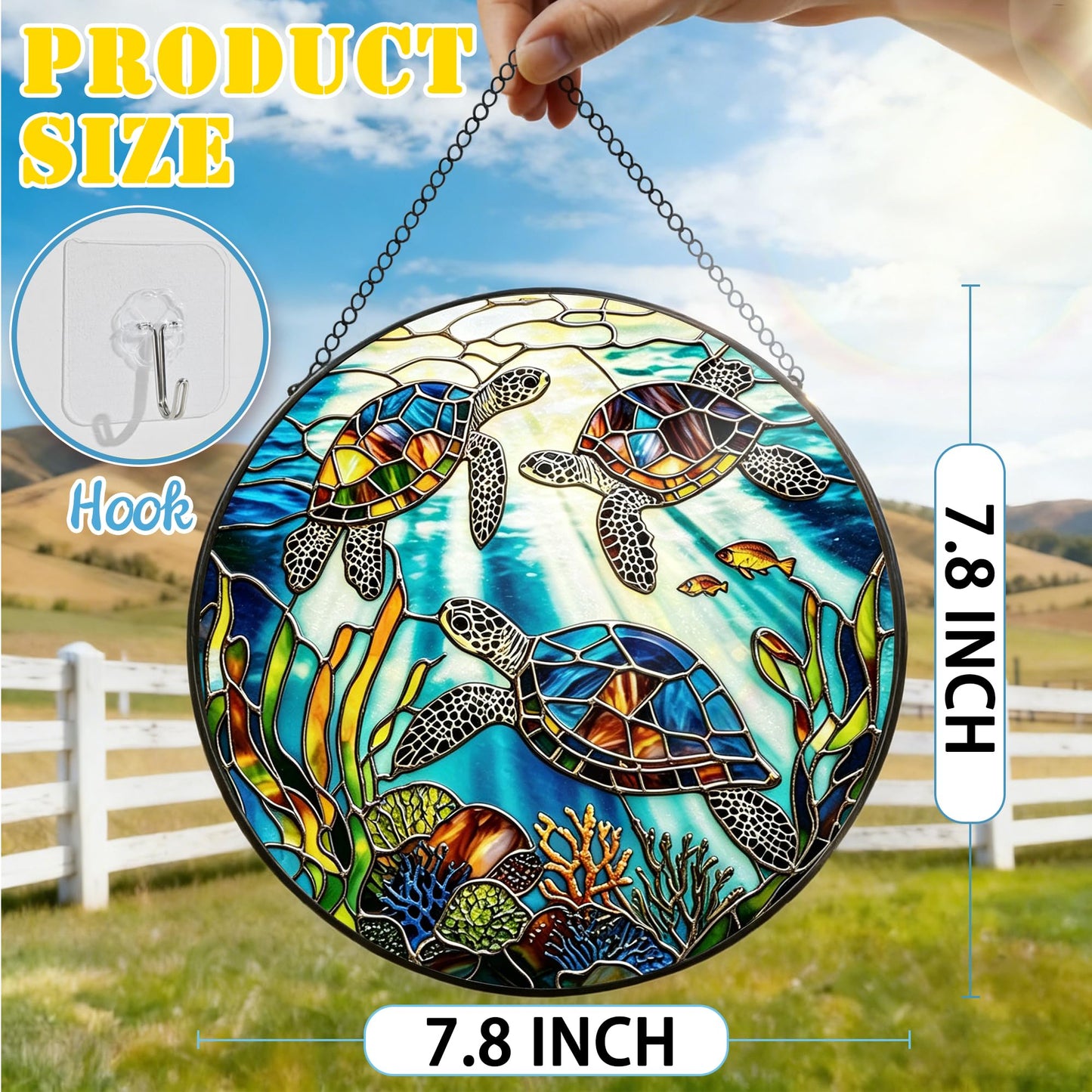 Stained Glass Window Hanging, 7.8 Inch Sea Turtle Stained Glass Sun Catcher, Ocean Window Hanging Art, Window Ornament Suncatcher, Turtle Lover Gift, Coastal Gift for Beach Lover, Gifts for Him & Her