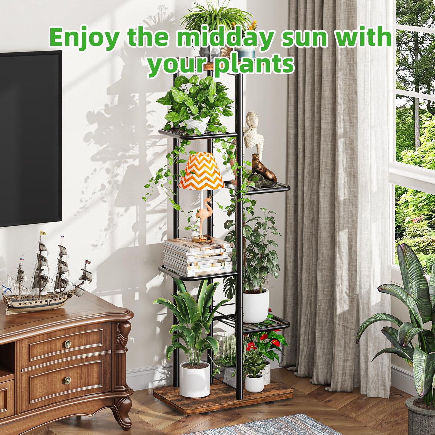Simple Trending Plant Stand Indoor Outdoor, 6 Tier Plant Shelf, Tall Corner Flower Pot Holder, Metal Display Rack for Patio Balcony Living Room,Brown