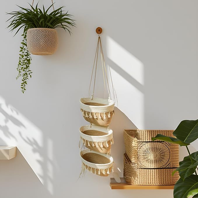 Hanging Baskets for Organizing, 3-Tier Woven Cotton Wall-Mounted Storage