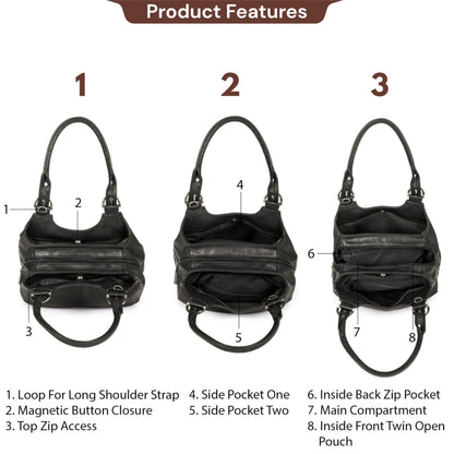 Mabel London Womens Multiple Compartments Handbag - Medium Size Bag with a Long Shoulder Strap - AMELIA (Black)