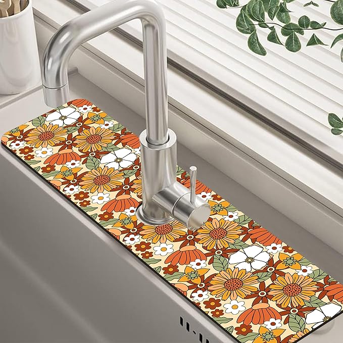 70s Retro Orange Floral Kitchen Sink Splash Guard Mat Absorbent Fast Drying Mat