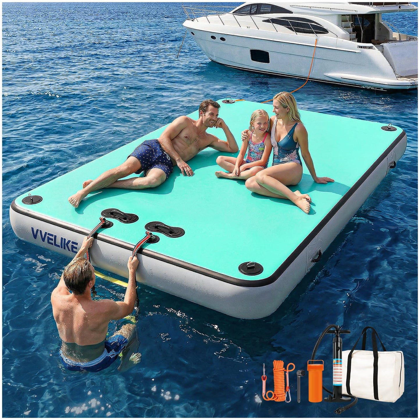 VVELIKE Inflatable Floating Dock, 5x6.6ft Floating Platform for Pool & Lake, Inflatable Dock for Yacht, Island Deck Raft with Non-Slip Surface, Boat Floating Mat for Outdoor
