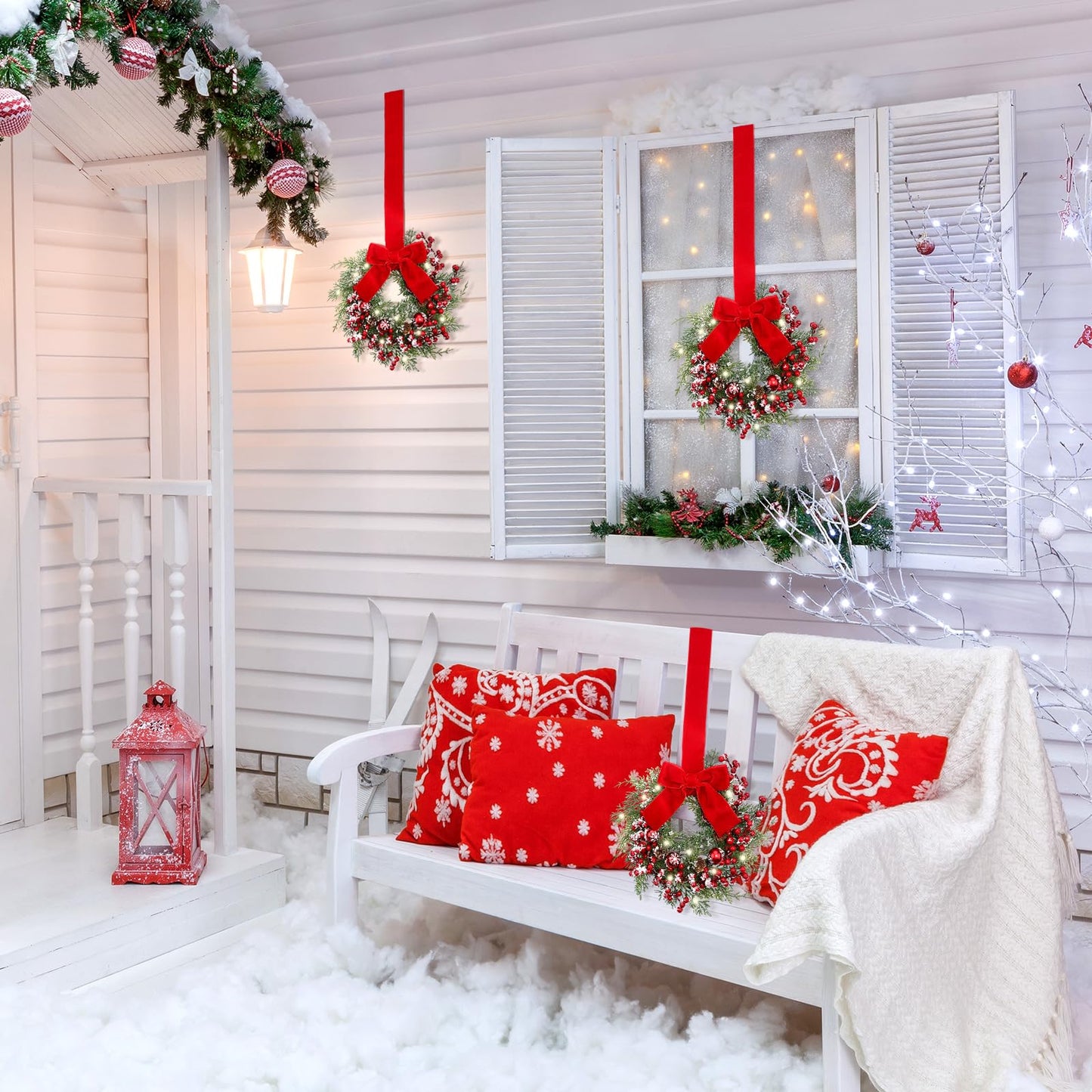 Hoteam 4 Pcs 9 Mini Decor Wreaths Small Cabinet Wreath with Rustic Bow Outdoor Decorations for Porch Window Farmhouse Decor(Bells and Red Berries)