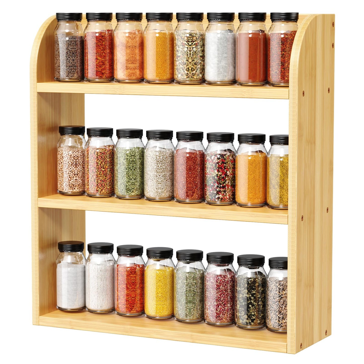 ROMGUAR CRAFT 3 Tier Bamboo Spice Rack, Countertop or Wall Mounting Wood Spice Jars Organizer Shelf for Kitche, Pantry (Natural)