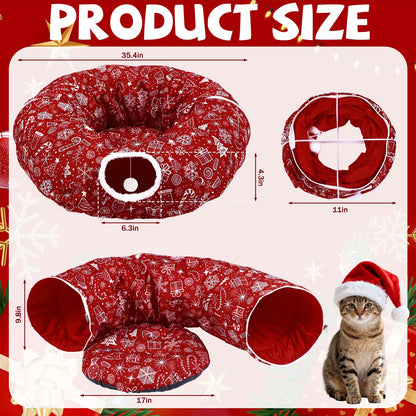 SilTriangle Cat Tunnel Christmas Tree Skirt Cat Donut Tunnel Bed for Indoor Cats with Ball Snowflake Collar Cats Cave for Small Medium Kitten Puppy Under Xmas Trees Decor Gift(Gift Box)