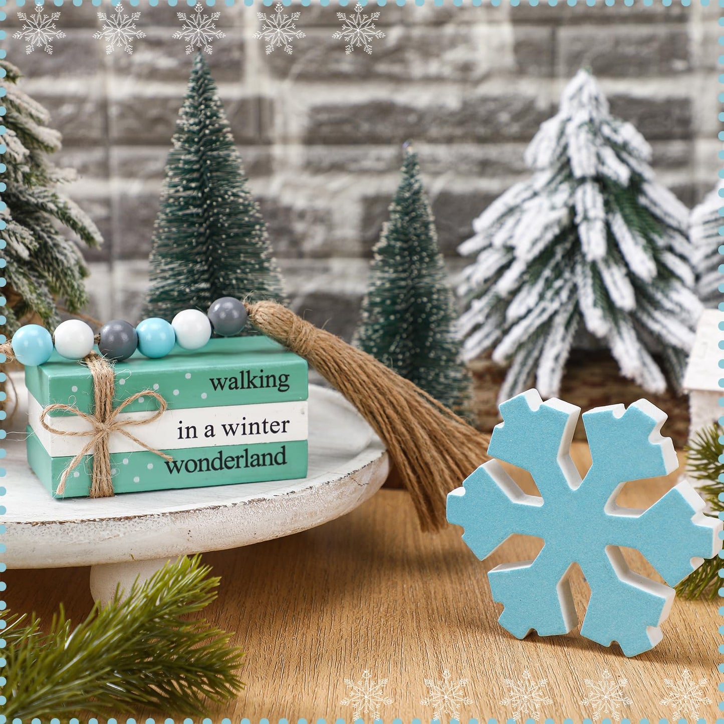 Yalikop 5 Pcs Winter Decor for Home Office Snowflake Wood Sign Blue White Snowflake Table Centerpiece Faux Books Bundle with Twine Beads String for Winter Decorations Wonderland Tiered Tray Decor