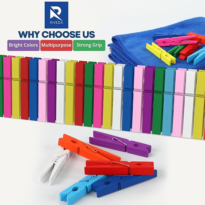 RIVEDA 50pcs Colored Wooden Clothes Pins, 2.9inch 10 Colors, Clothespins