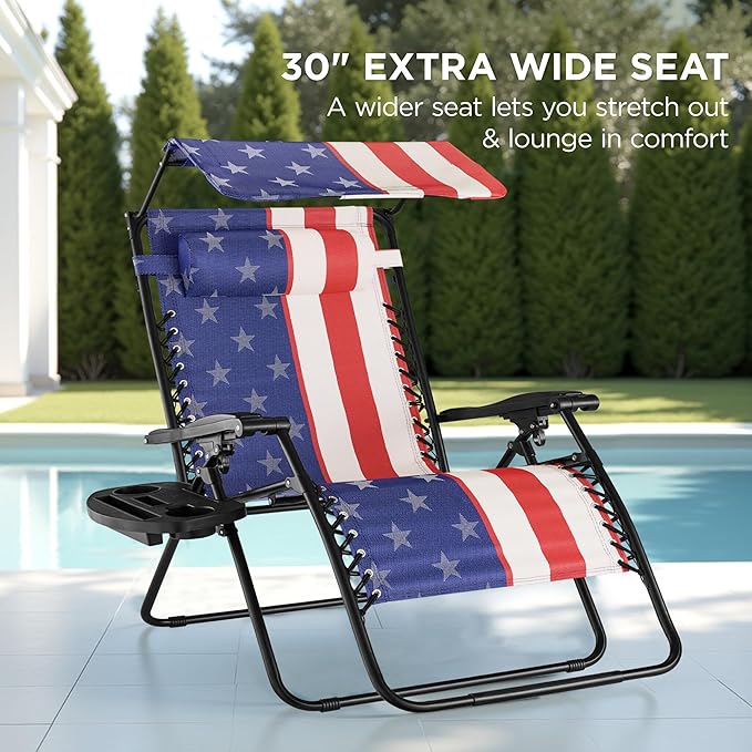 Best Choice Products 30” Wide Folding Zero Gravity Outdoor Recliner Patio Lounge Chair w/Adjustable Canopy Shade, Headrest, Side Accessory Tray - American Flag
