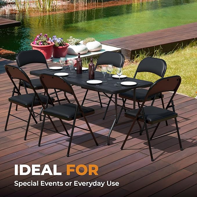 4 Pack Leather Chair | Foldable & Stackable | 350 lbs Capacity Steel Frame Seats for Indoor or Outdoor | Commercial Use Events Wedding Party Events Bulk Picnic Kitchen Dining - Black