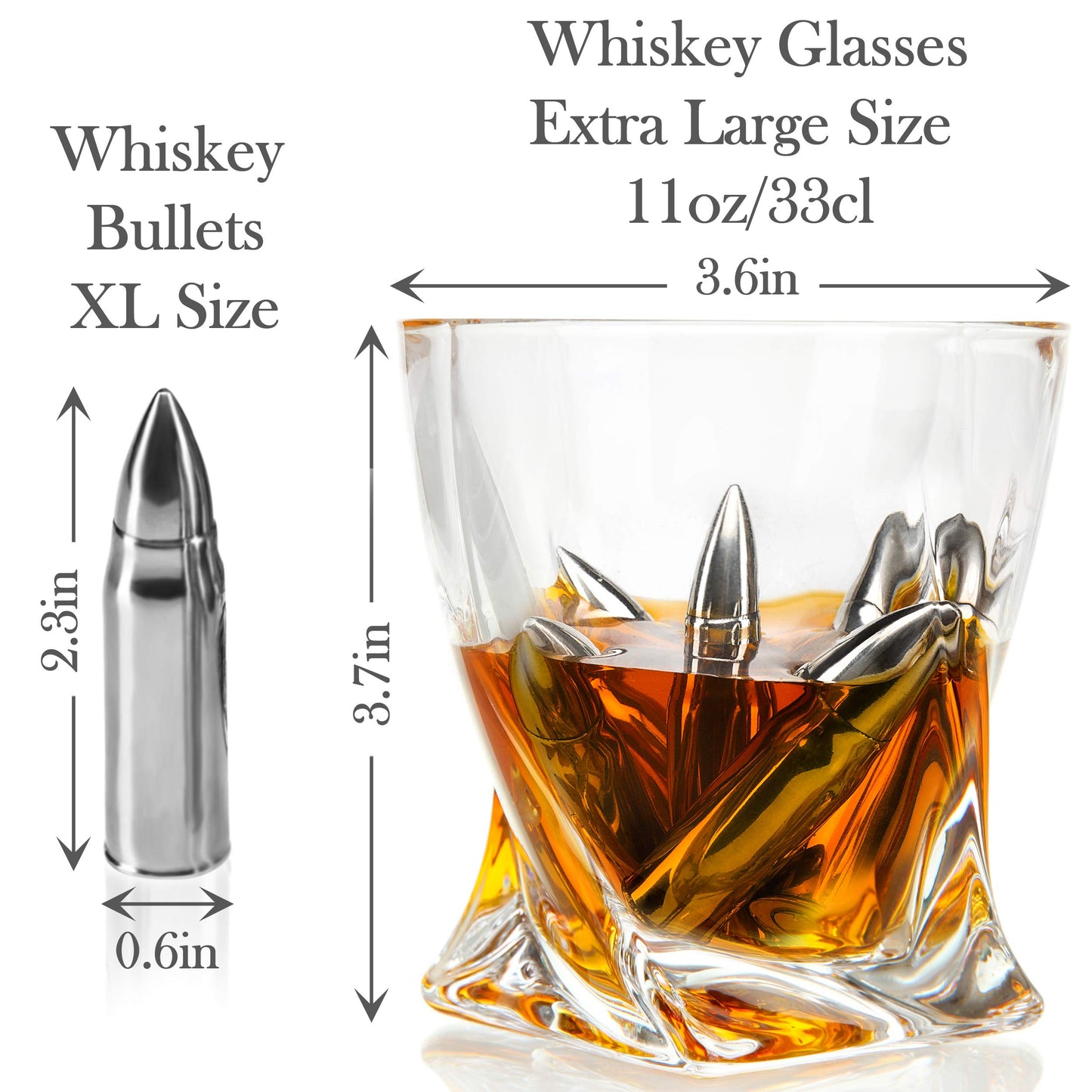 Whiskey Chillers Premium Gift Set By Frolk, Set of 6 Extra Large Stainless Steel Whiskey Stones, 2 Large Twisted Whiskey Glasses (11 oz), Freezer Base, Velvet Pouch & Tongs in Novelty Wooden Box