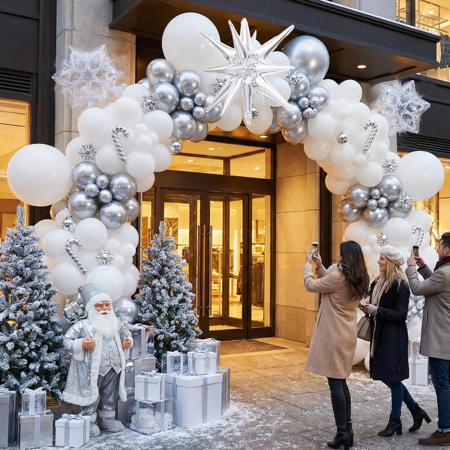 Metallic Silver and White Balloon Arch 128Pcs Winter Wonderland Snowflake Balloon Arch Perfect for Christmas Decor Snowman Birthday Parties, 2026 New Year Eve Party, Snowflake Party Decorations