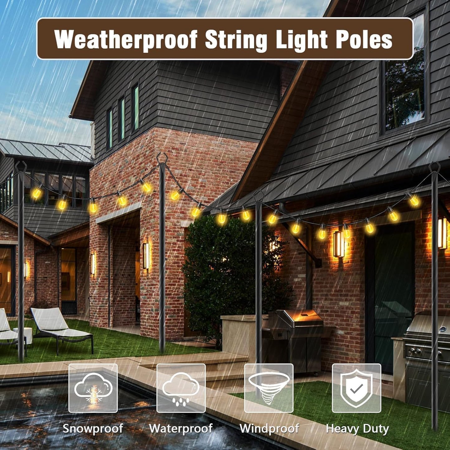 AILBTON 10Ft String Light Poles 4 Pack,Light Poles for Outside Lights,Outdoor with Fence Brackets Hanging Lights,Metal Stand Deck Patio Backyard