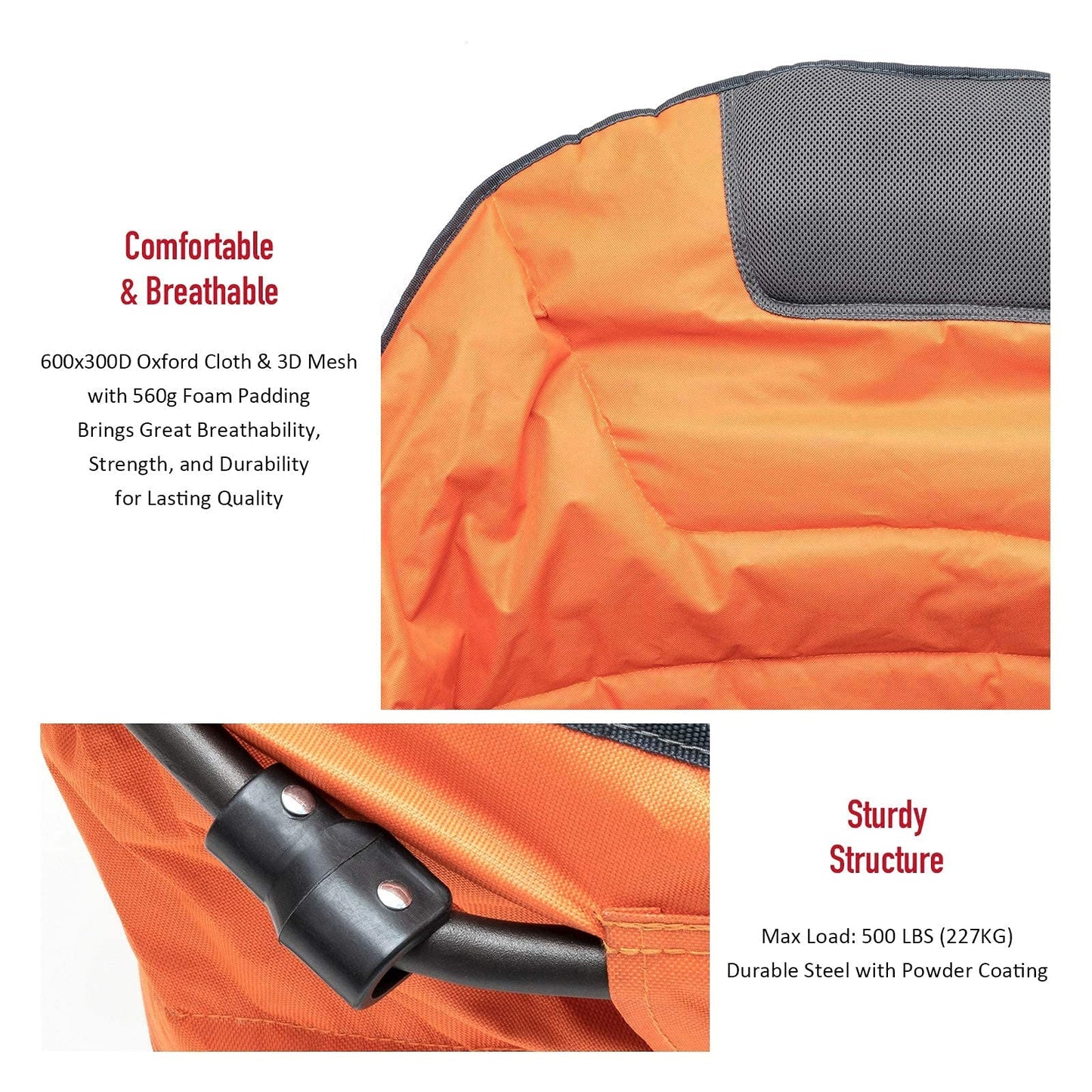 SUNNYFEEL Oversized Camping Chair Heavy Duty 500 LBS Portable Folding Chairs Orange Large Sofa Chair for Beach, Trip, Picnic, Lawn, Outdoor Camp Chair for Adults & Carry Bag