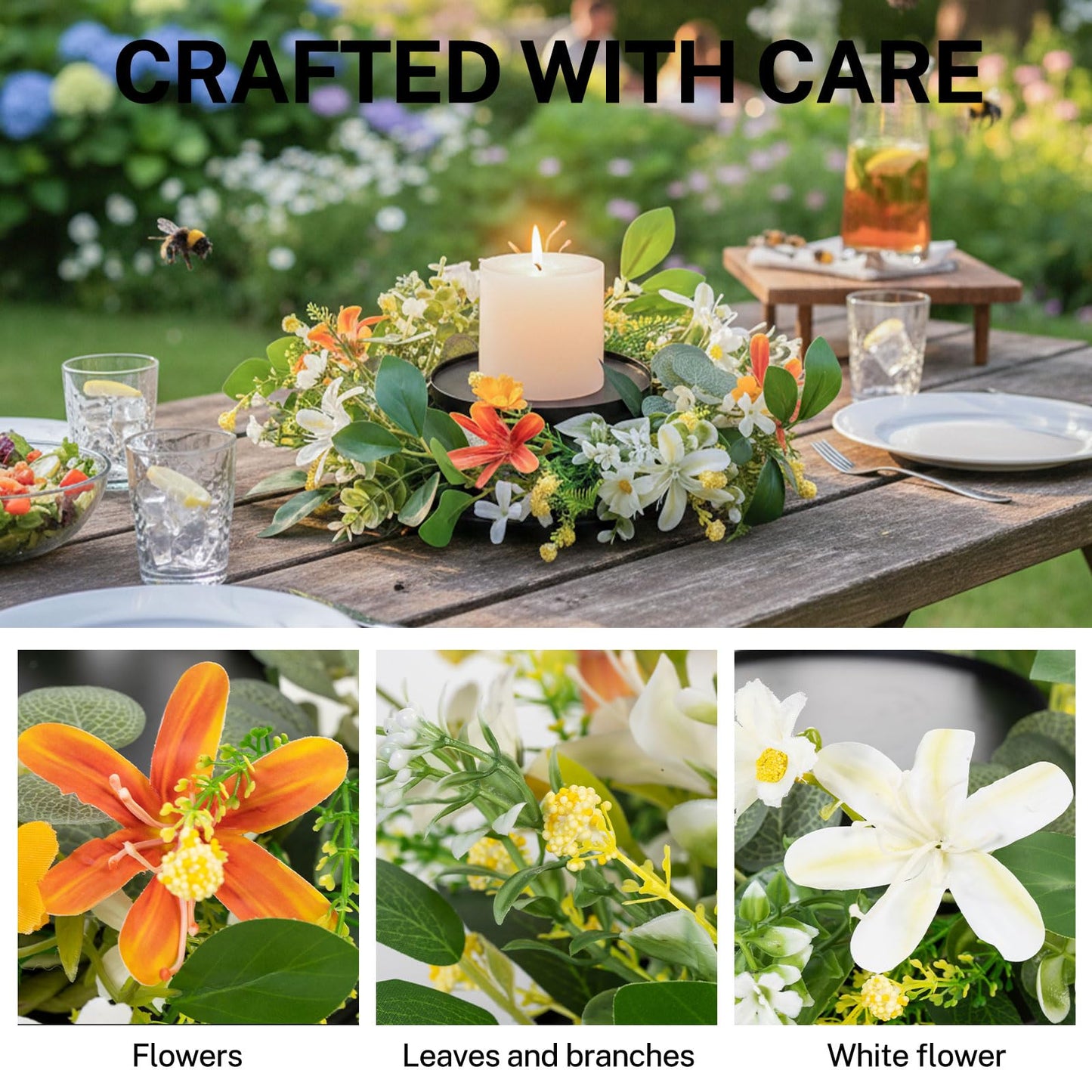 MOYEE Summer Centerpieces for Tables Candle Ring, Black Metal Candlestick with an Artificial Wreaths 14 in Versatile Dining Table Centrepiece (an Orange and White Wreath)