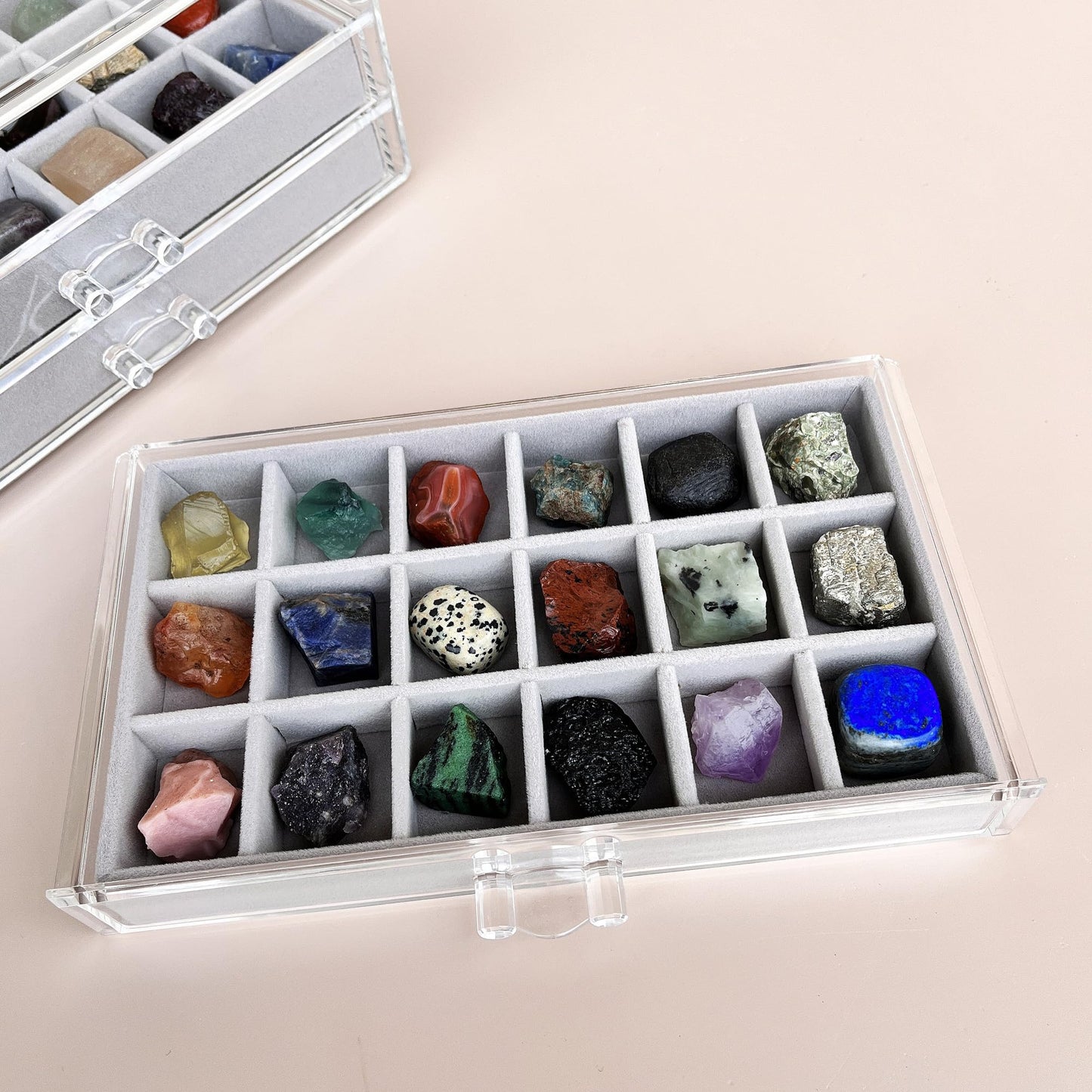 HEMYLU Acrylic Rock Collection Display Case for Kids, Crystals Displaying Box with 3 Drawers & 54 Grids and Gem Knowledge Handbook, Gemstone Organizer Showcase for Gem Enthusiasts