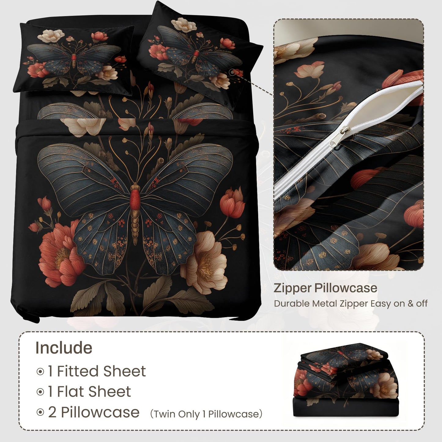 Butterfly Sheet Set, 4 Pcs Queen Size Moth Aesthetic Bed Sheets