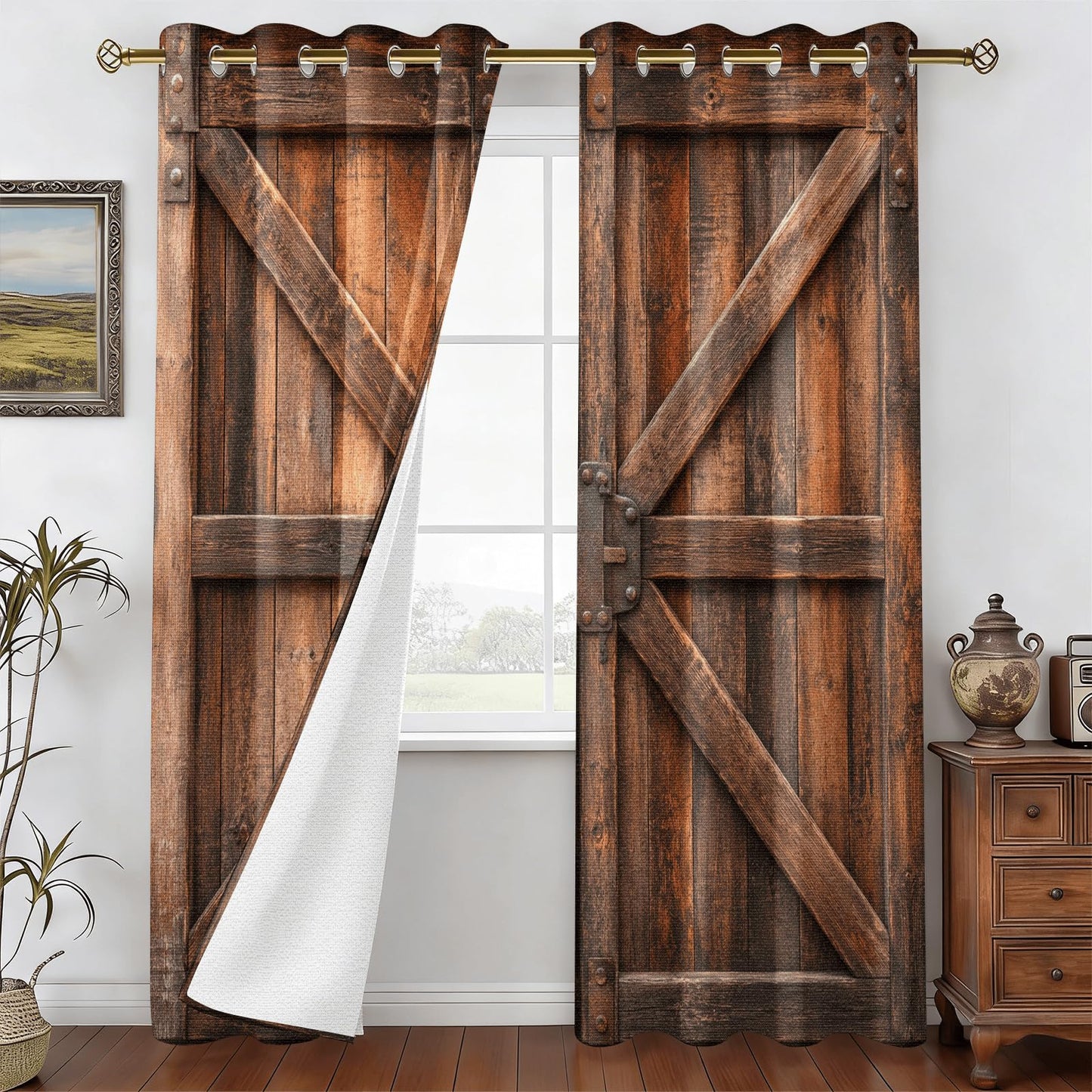 Warm Brown Rustic Barn Door Blackout Curtains, Vintage Wooden Texture Grommet Top Window Drapes, Thermal Insulated Room Darkening Curtains for Bedroom Farmhouse Cabin, 2 Panels Set, 42"W x 45"L