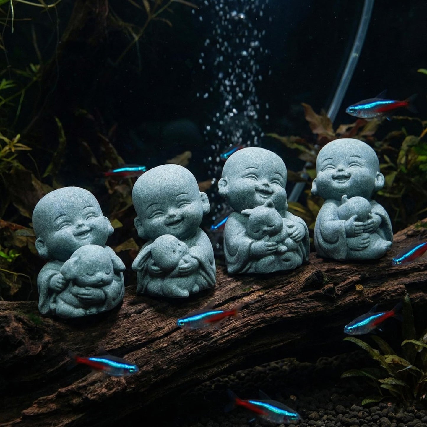 FADECOR 4pcs Mini Buddha Statue with Animal Companion, Aquarium Decor, Feng Shui Zen Monk Sandstone Sculpture, Cute Small Fish Tank Ornament for Home Garden, Buddha Decoration