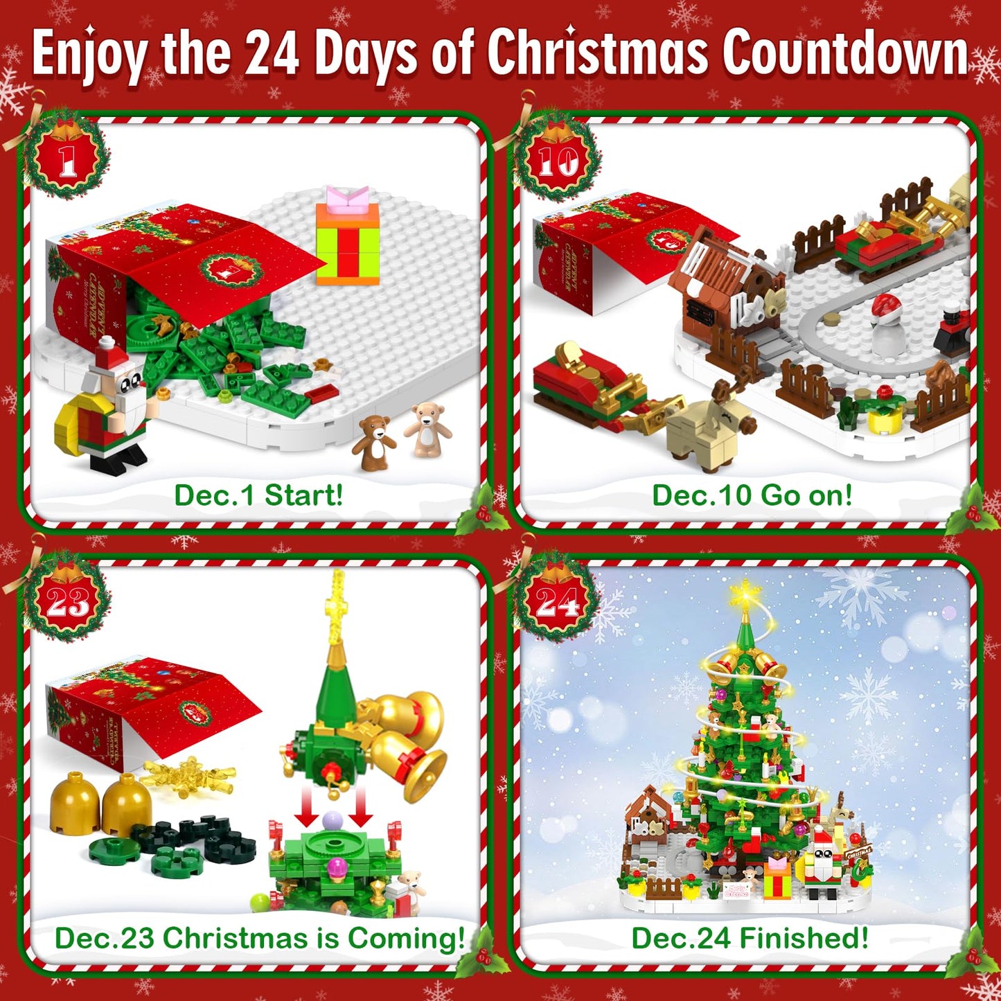 Advent Calendar 2025 Adult, 1088 Pieces Christmas Tree Building Kit with Led Light, 24 Days Christmas Countdown Christmas Tree Building Toy Set, Ideal Xmas Gift Toy for Teen Boy