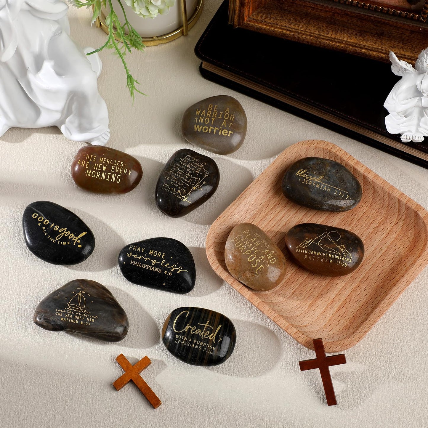 Landical 10 Pcs Bible Verses Scripture Stones Gift Christian Inspirational Rocks Engraved Stones with Prayer Words Father's Day Religious Gifts for Men Zen Group Office Home Decor(Inspiring Bible)