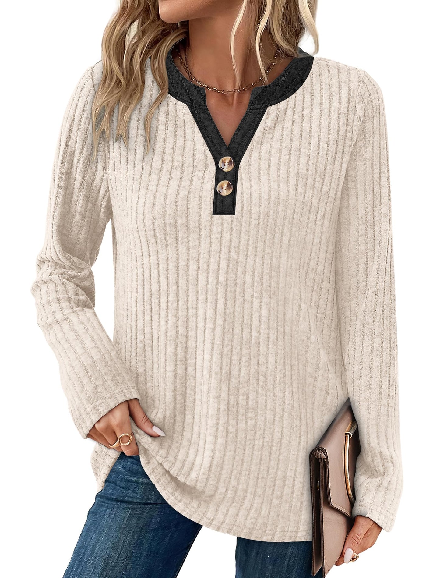 SAMPEEL Womens Sweaters Lightweight Long Sleeve Shirts V Neck Tops with Button Fall Outfits 2025