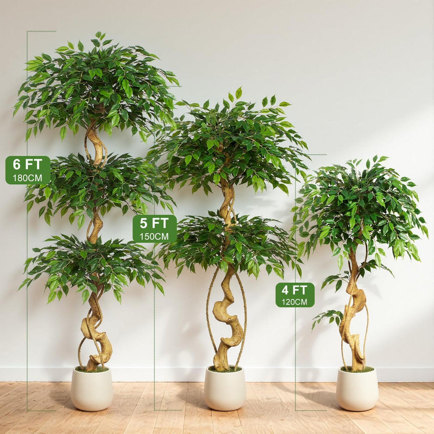 Keeplush 4ft Large Ficus Artificial Trees in White Pot, 48" Tall Fake Silk Tree with Natural Curved Trunk, Lush Faux Ficus Tree for Indoor Home Decor, Living Room, Office & Patio