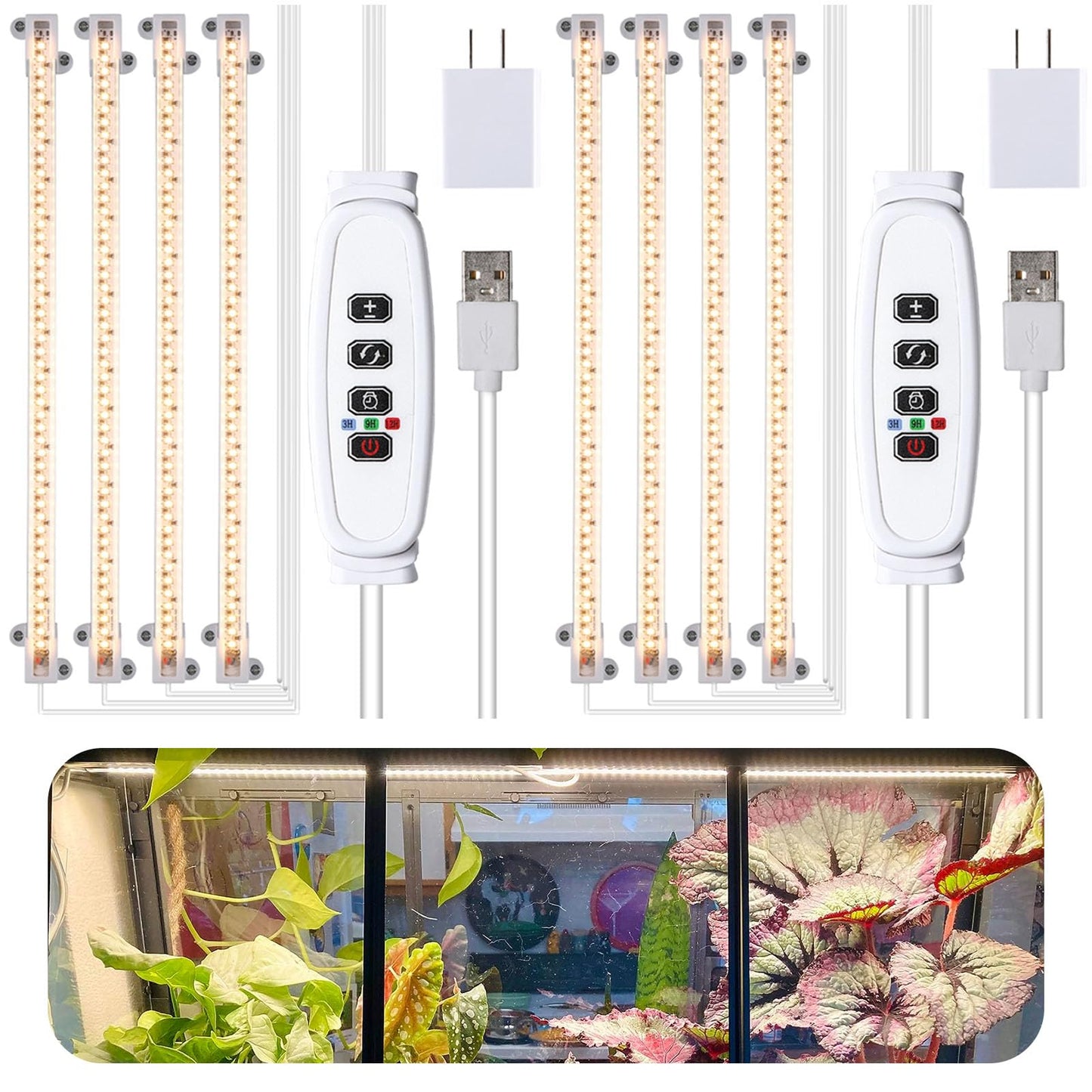 RWNTAO LED Plant Grow Lamp, 3500K Full Spectrum Growing Light Strips for Indoor Small Plants with 3/9/12H Timer & 10 Dimmable Levels, LED Growth Light for Green House Hydroponics Succulent 2 Pack