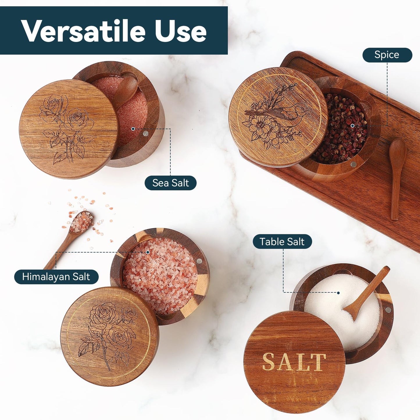 Timtopno Salt Cellar, 2PCS Salt Container Acacia Wood Salt and Pepper Box for Countertop with Built-in Spoon & Swivel Lid, Wood Salt Holder Bowl for Kitchen, Seasoning Storage (Rose & SALT Engraving)