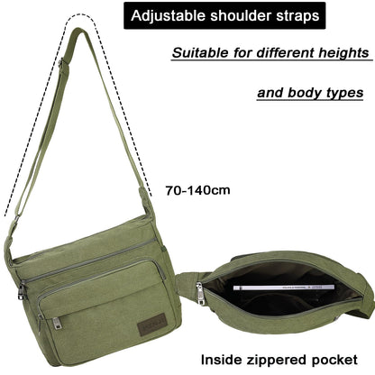 JAKAGO Canvas Messenger Bag Mens/Women Shoulder Bag with Multiple Pockets for School Travel Outdoor Fishing Camping Work Daily Use (15 inch,Green)