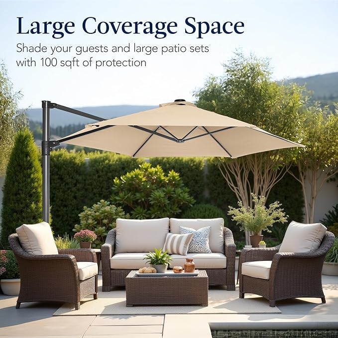 Best Choice Products 10ft Offset Cantilever Hanging Market Patio Umbrella, Smooth 360° Rotation, 8 Sturdy Ribs, Easy Adjustment - Sand
