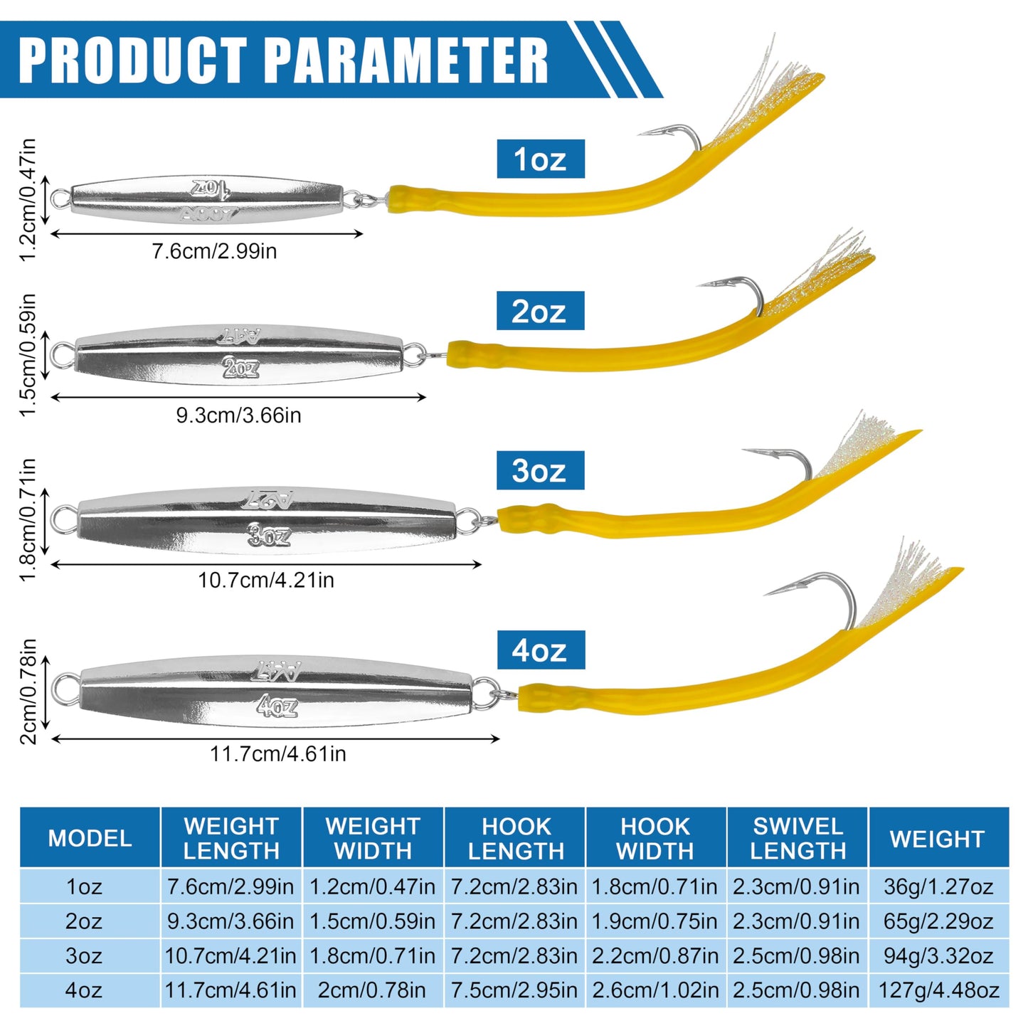 Diamond Jig Saltwater Fishing Lures Casting Jigging Spoon with Tube Tail Stainless Steel Hooks Trolling Lures Striped Bass Metal Jig for Deep Sea Surf Fishing Bottom Dragging Sinking