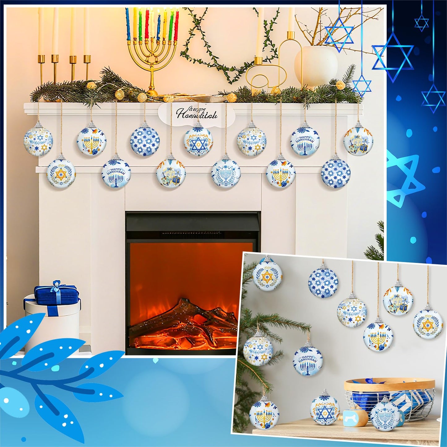 Outus 16 Pcs Hanukkah Ball Ornaments Hanukkah Hanging Ornament for Tree Blue and White Jewish Christmas Decorations for Tree Star of David Chanukah Party Decorations